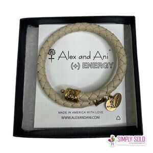 ALEX AND ANI Braided Powder Leather VTG 66 "ROAD TO ROMANCE" Gold Wrap Bracelet